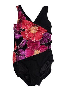 Amoena One Piece Swimsuit Size 10 Floral Black Pink And Coral